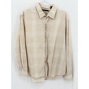Perry Ellis Shirt Mens XL Tan Beige Check Long Sleeve Button Up 100% Cotton Work